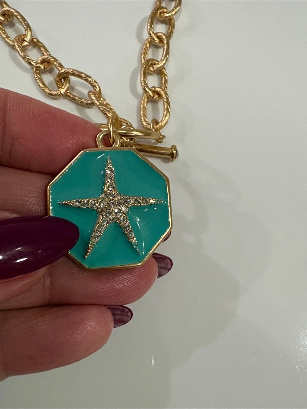 Fornash textured gold Chain octagon enamel Necklace Turquoise Starfish Pendant